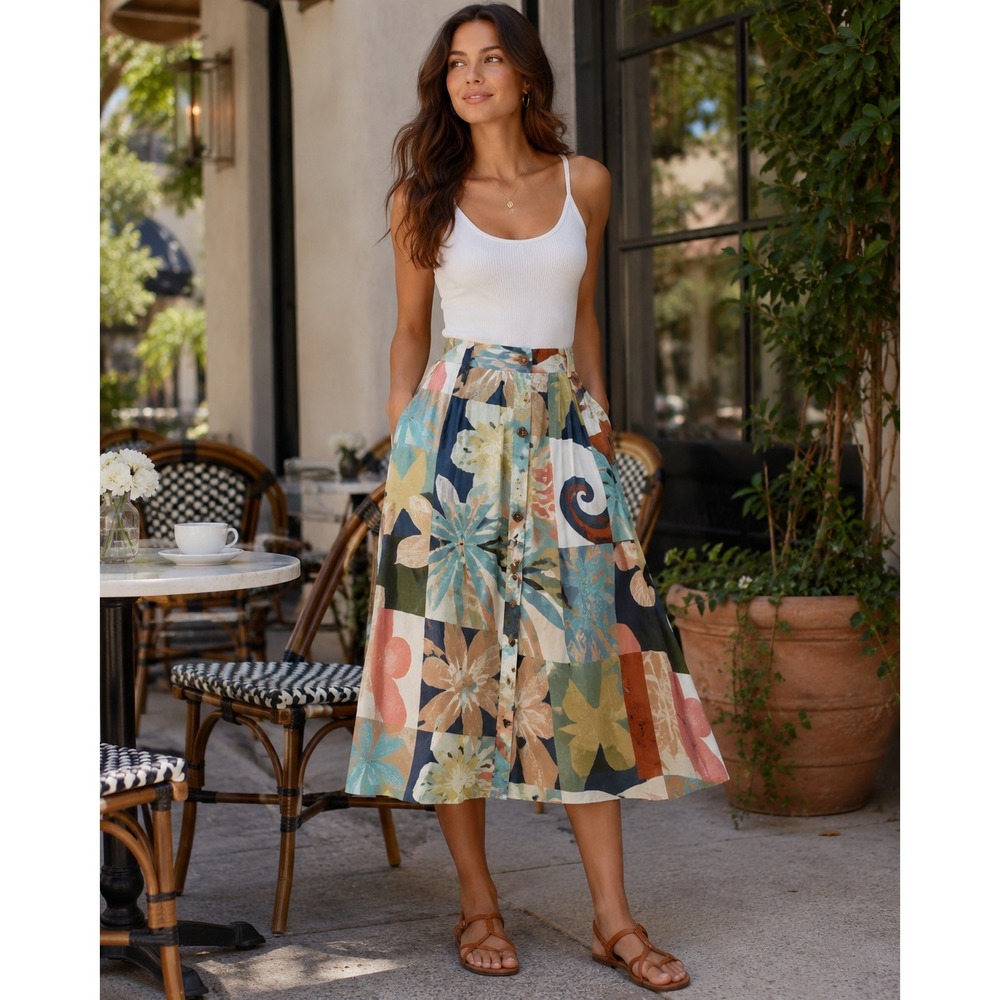 O'Neill Maisel Midi Skirt Womens L Coastal Paradise Print Buttons Pockets NWT